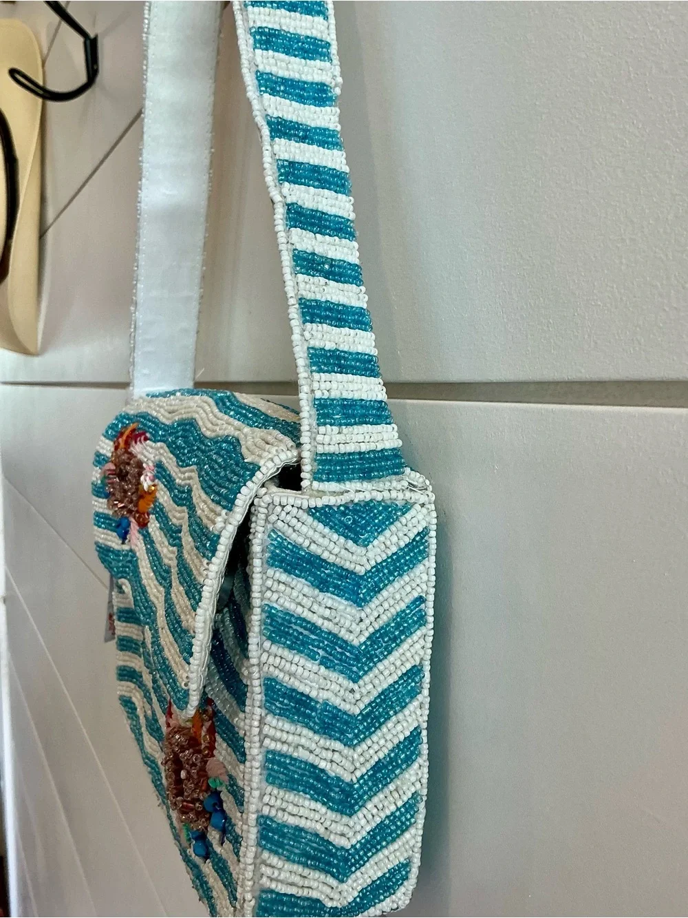 VIRAL Beaded Turquoise Striped Shoulder Bag with Crab Embellishment